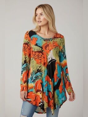New Cover | Colorful Abstract Print Tunic Top Size 14 Long Sleeve Flowy Boho